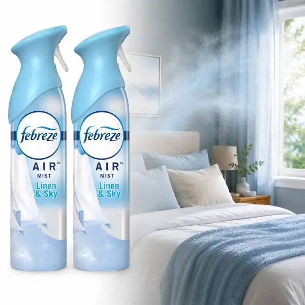 Febreze Linen & Sky Air Freshener Spray 8.8oz,clean linen fragrance,airy scent,room deodorizer,odor neutralizer,home spray,bedroom,living room,hallway,entryway,closet,dorm room,mudroom,trash area,pet smells,cooking smells,smoke smell,musty air,guest ready