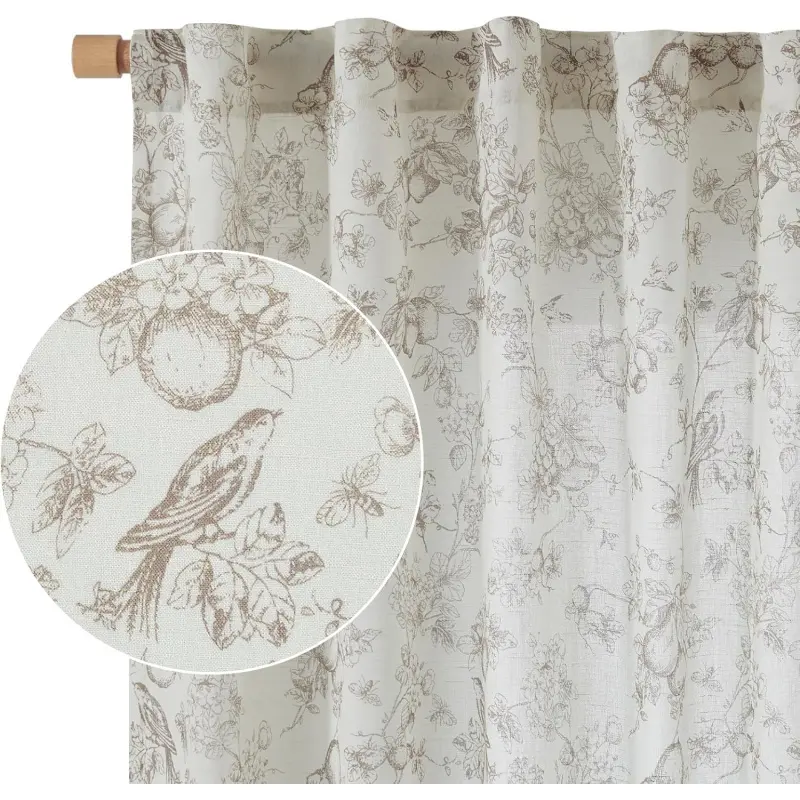 Taupe Linen 2-Panel Floral Toile Printed Curtain - 84in Length, Back Tab & Rod Pocket, Light Filtering, Modern Chic Minimalist Chic Living Room Decor Entryway Interior Decoration Accessories, Home Decoration Curtain