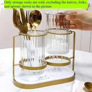 2-Tier Cutlery Holder Organizer -Metal Frame + PET Transparent Canisters | Home Kitchen Countertop Utensil Storage for Forks Spoons Knives | Modern Luxury Style