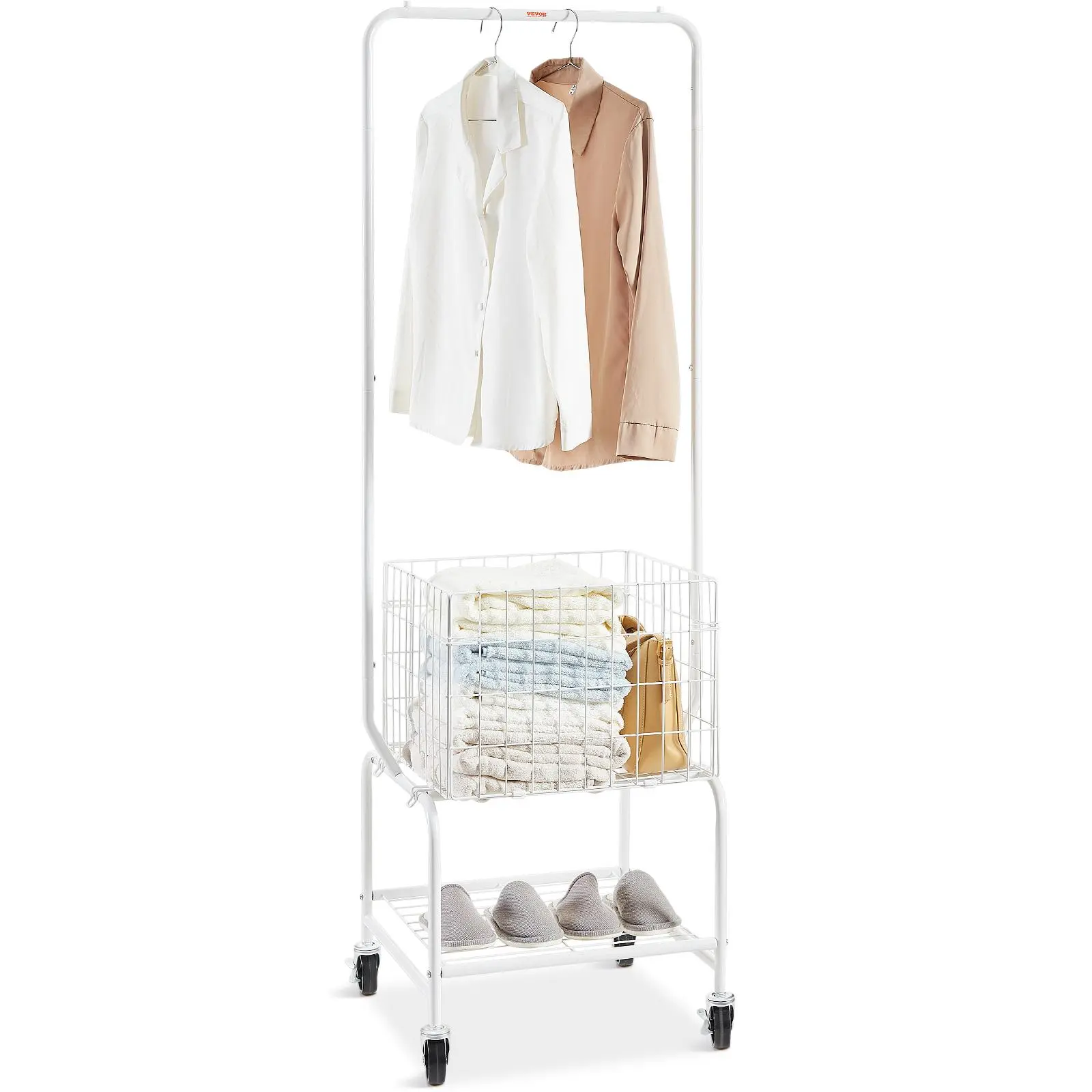 VEVOR Heavy-Duty Steel-Framed Durable Metal Rolling Laundry Organiser - Hangable Garment Rack with Rubber Lockable Wheels, Height-Adjustable Hamper Cart, 2-Layer Basket, Bottom Shelf & Adjustable Hanger, Home Storage for Entryway