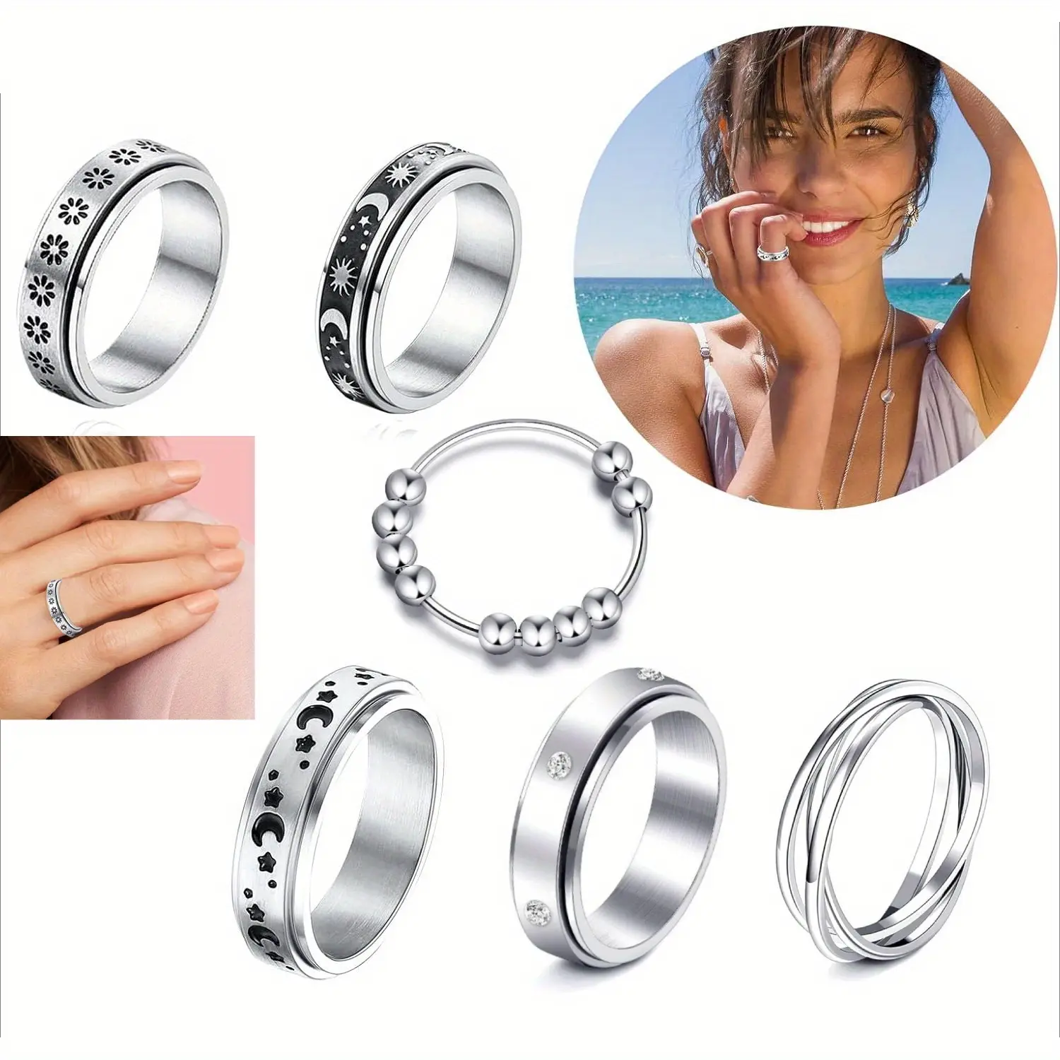 6PCS Stainless Steel Stress Relieving Anxiety Ring for Women and Men, Stress Relieving Rotating Ring, Moon Star Celtic Stress Relieving Rotating Ring, Wedding Ring Set