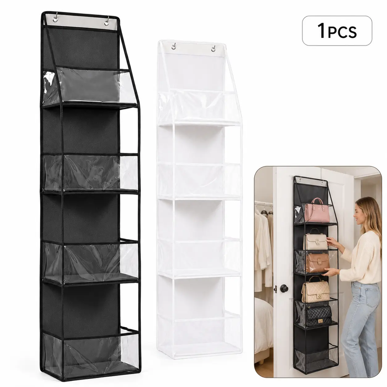 Hangable Clear Over-Door Handbag Organizer, Transparent Hanging Storage for Closet, Bedroom, Handbags, Wallets & Accessories