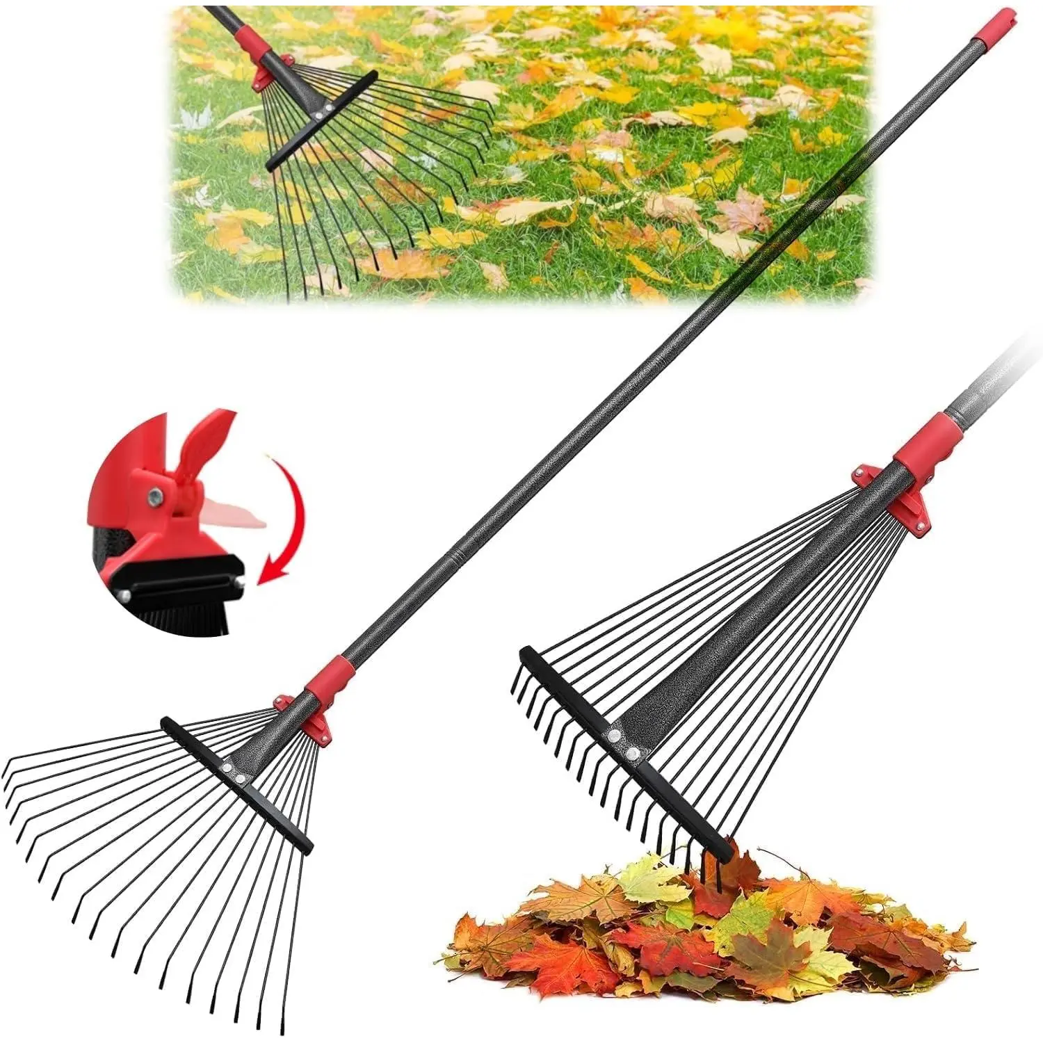61inch Leaf Rake Adjustable 18 Teeth with Expandable Head 9- 18inch Heavy Duty Metal Rake Suitable for Women and Children Garden Gardening Grass Clippings Lawn