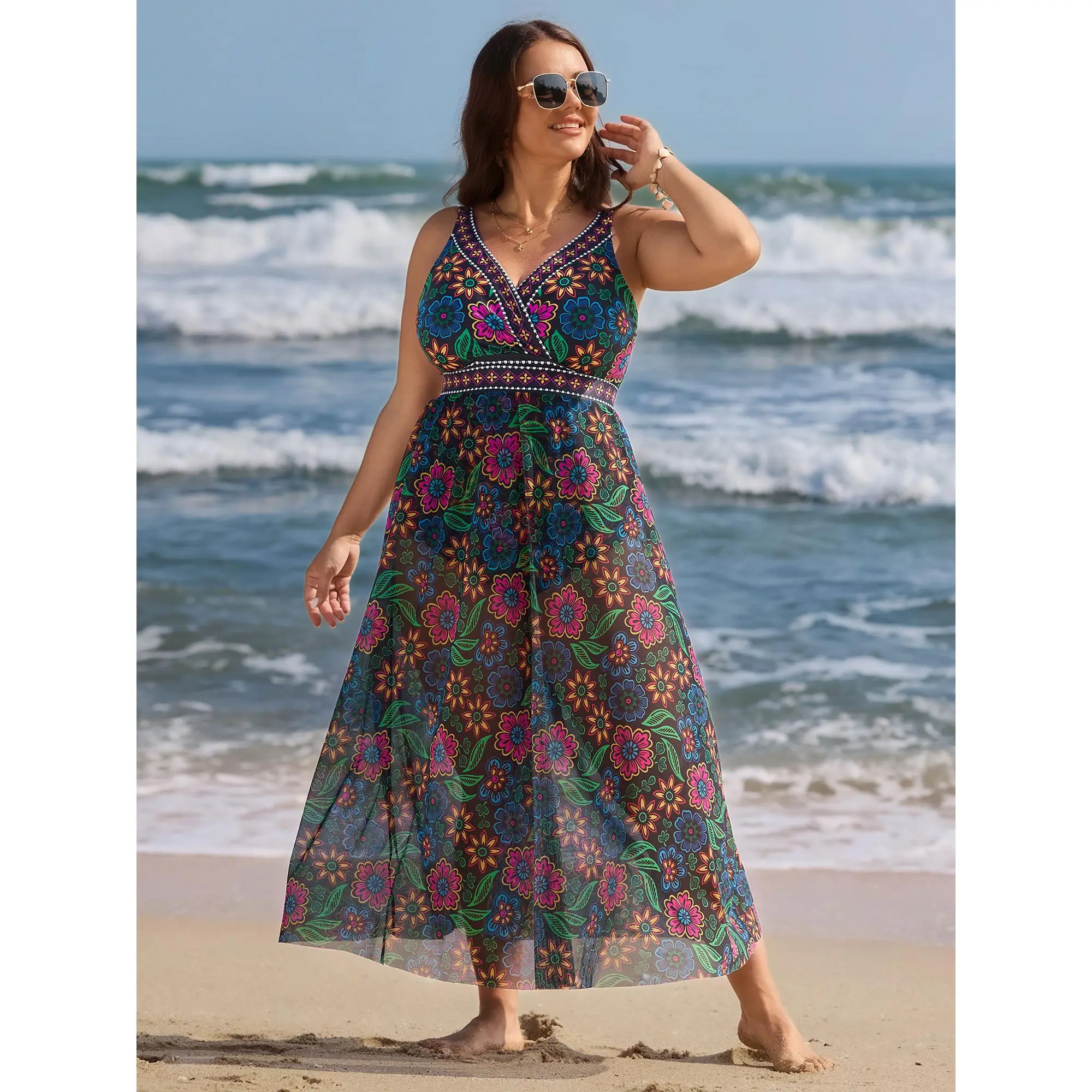 BLOOMCHICPlus Size Floral Swimsuit with Sarong,2-Piece Beach Outfit,Flattering One-Piece Bathing Suit for Curvy Women [M-6X] Swimsuit Women, Plus Size Swimsuits  Flower Print Swimdress,Summerfinds