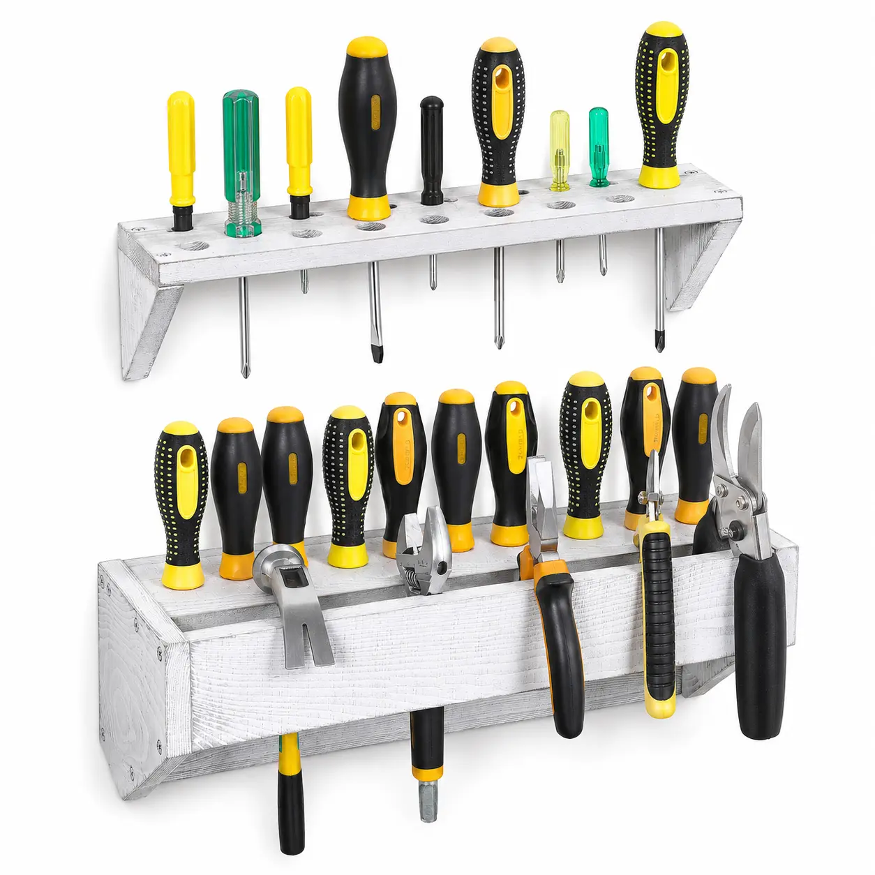 2-Piece Solid Wood Tool Storage Rack Set, Wall-Mounted Screwdriver, Pliers & Hammer Holder with Shelf, Garage Tool Organizer for Workshop, Shed & Workbench, Gray White