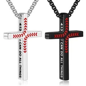 Baseball Bible Verse Inspirational Cross Necklace for Boys Men, Stainless Steel Cross Pendant Baseball Religious Jewelry Gifts for Teen Boys Kids