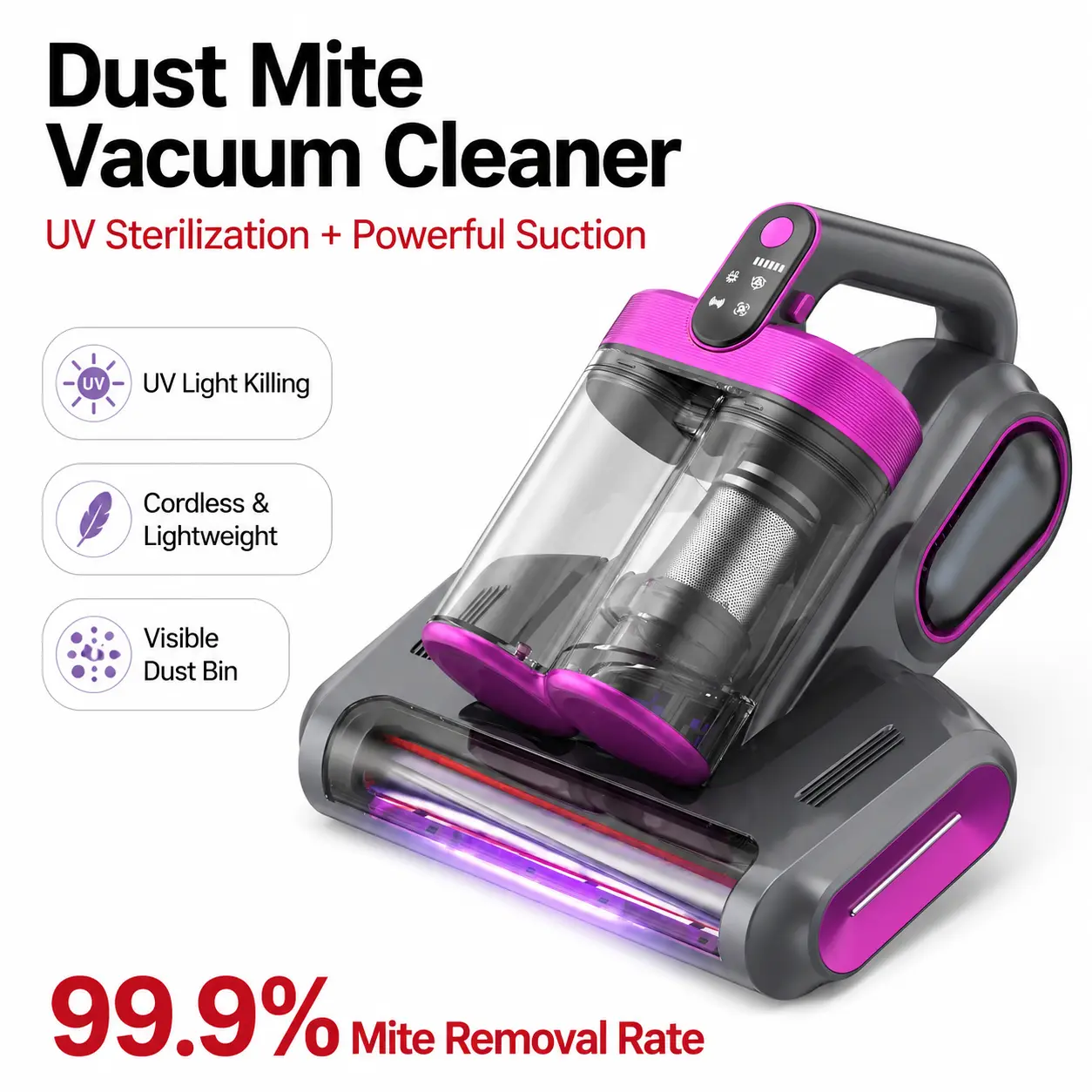 Cordless UV-C Mattress Vacuum Cleaner, House Cleaning Gadget for Beds, Sofas and Upholstery, Double Dust Cup Handheld Vacuum