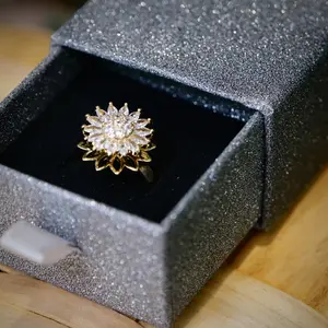 Women's Adjustable Size Cubic Zirconia Sunflower Fidget Spinner Ring - Gold Metal Plated, Anxiety Relief Fashion Jewelry, Daily Wear Rings for Women, Gift Box Included