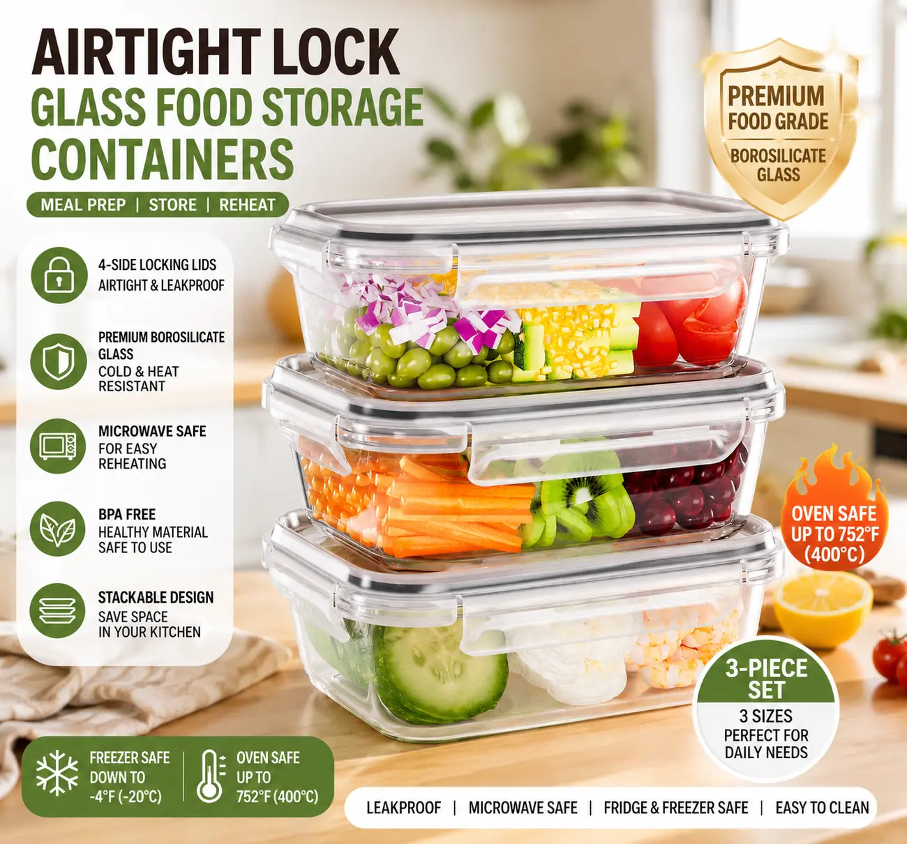 TUSEASY 3-Pack 35oz Borosilicate Glass Food Storage Containers with Airtight, BPA-Free, Leakproof, Stackable Lids - Microwave, Oven, Dishwasher Safe for Fridge Organization, Packing Lunch for Kids, Work Lunches, Salad Jars, Packing Lunch For My Kid, Lunch