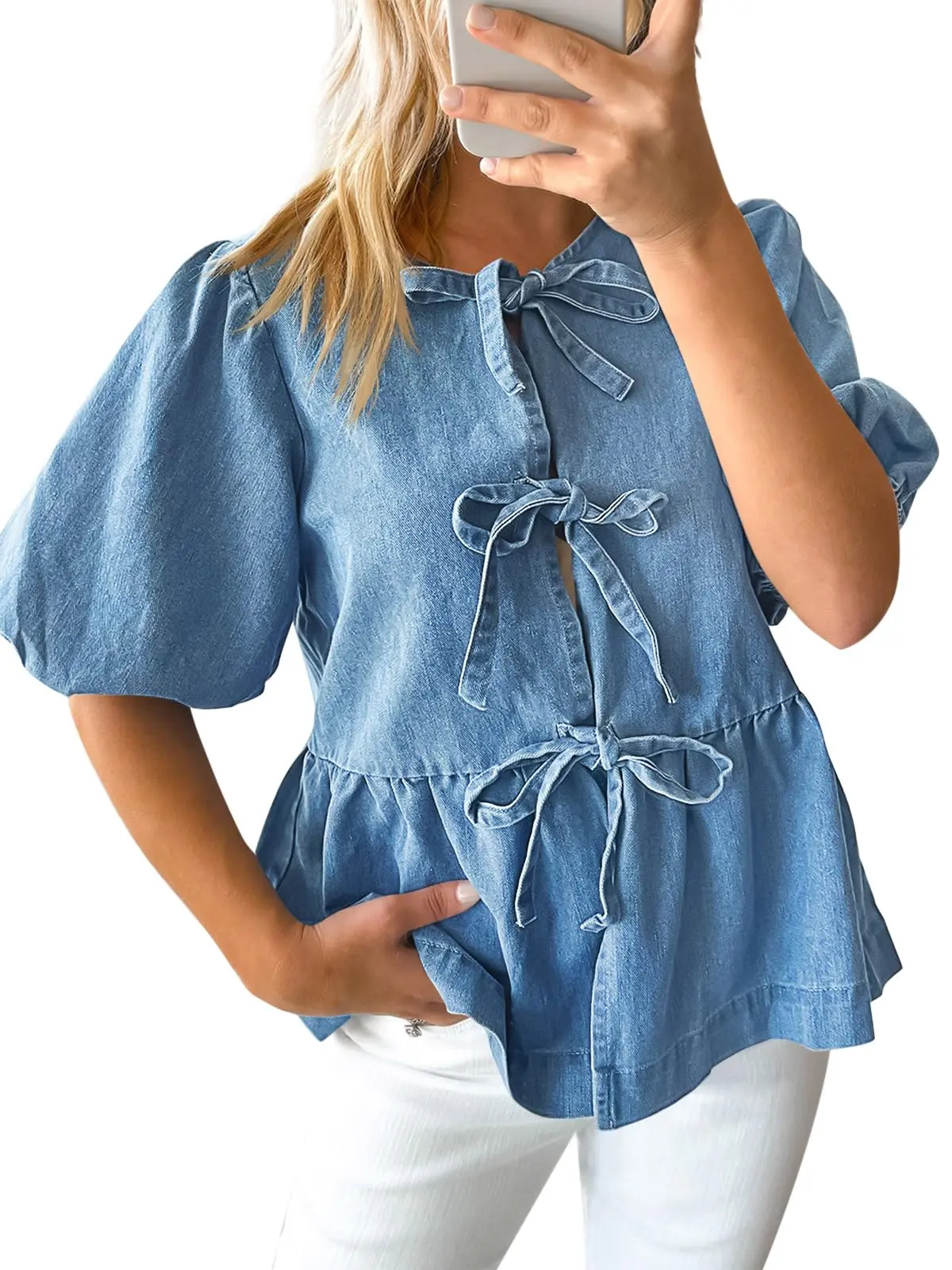 Tankaneo Womens Denim Tie Front Tops Babydoll Peplum Puff Sleeve Jean Shirts Crew Neck Summer Casual Bow Blouses Blue Womenswear