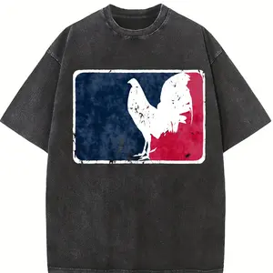 Vintage GameFowl Major League Rooster Graphic T-Shirt, 100% Cotton, Black with Red & Blue Stripes, Casual Crew Neck for Parties, Sports & Outdoor Activities
