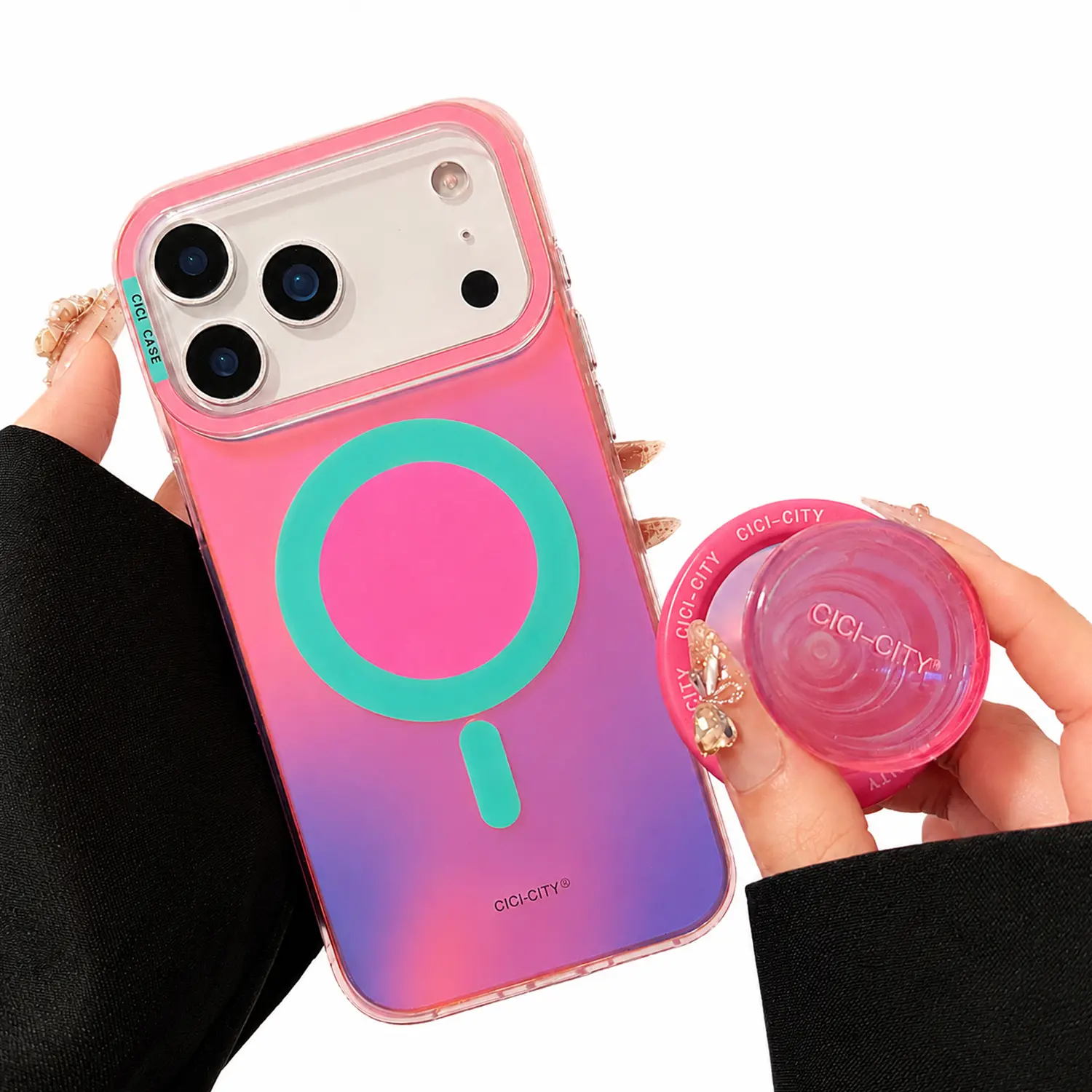 [Free!!Ship!] Gradient Mag Safe Phone Case with Detachable Pop Socket Grip Holder Rainbow Gradient Shockproof Phone Cover for iPhone 17 Pro Max 16 15