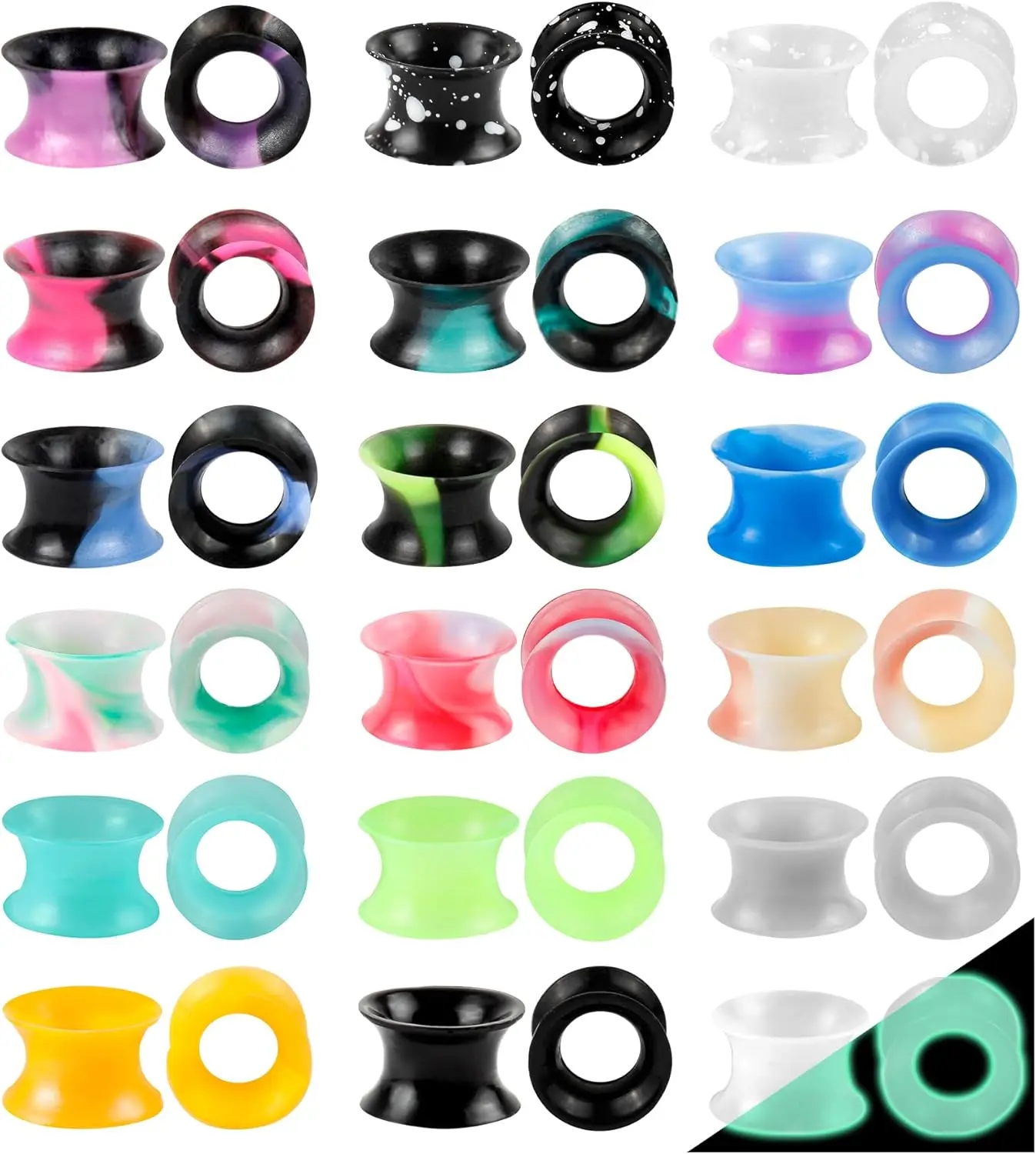 40Pcs Silicone Ear Gauges Flexible Ear Tunnels Gauges Soft Expander Stretching Ear Plugs Tunnels Colorful Double Flared Earring Piercings Jewelry for Men Women 2G-26mm