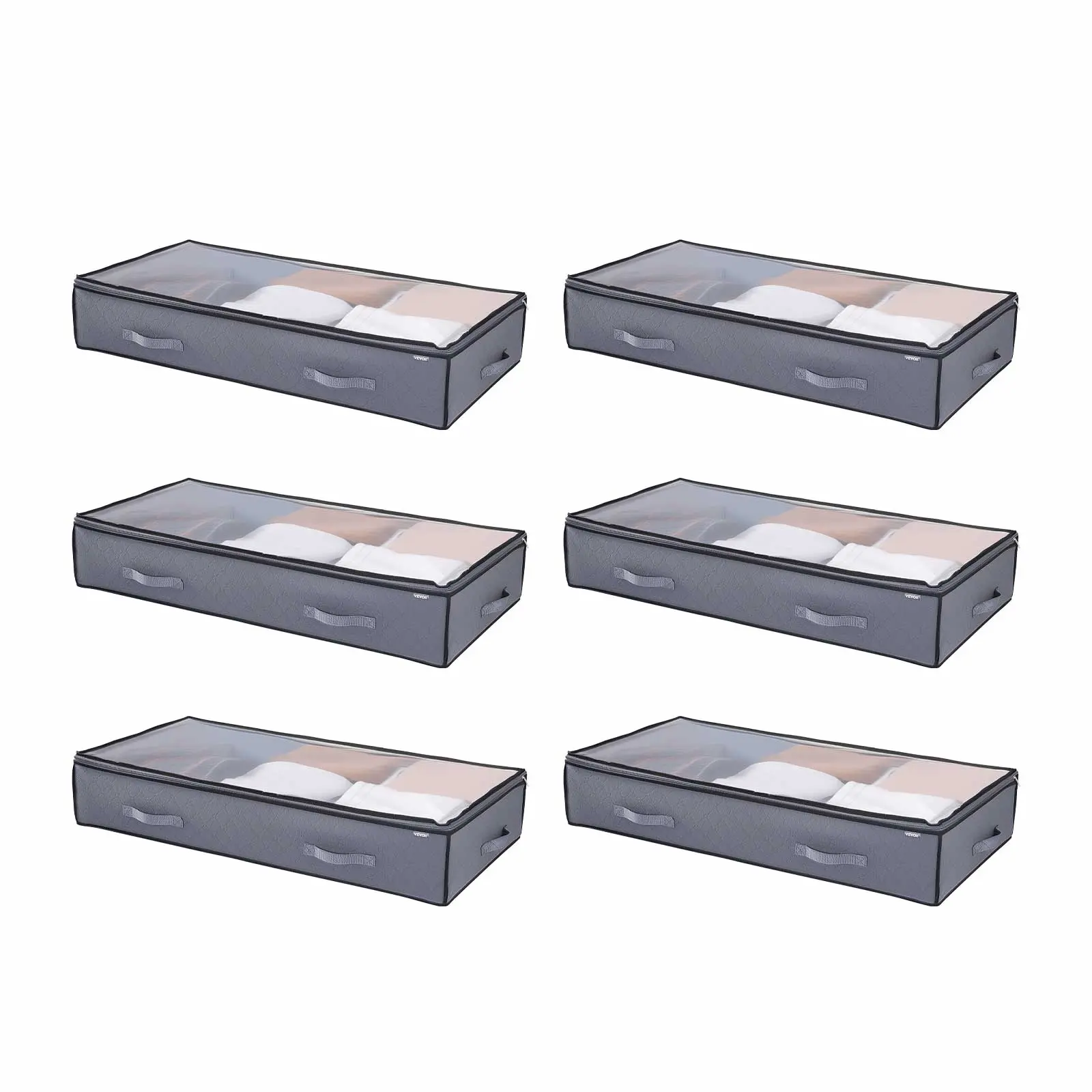 【Summerfinds】6-Pack Durable PVC Foldable Under Bed Organizer Storage Boxes with Transparent Lids, Double-Zippered Construction, 39.2x19.7x7.1in 90L Low-Profile Dustproof Containers for Blankets, Bedroom Organization, Clothes