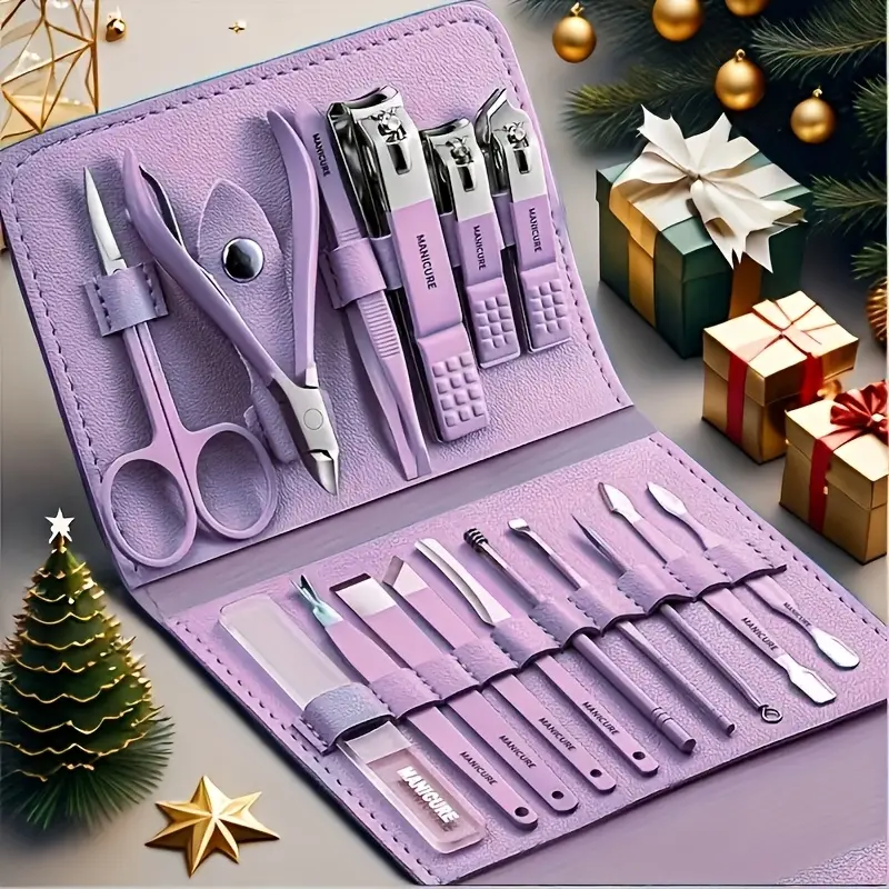 Nail Clippers Set Fingernail and Toenail Clipper Cutters, Manicure Pedicure Kit 16 Pieces Stainless Steel Professional Grooming Kits, Nail Care Tools with Luxurious Travel Case, Gifts for Wife Girlfirend Cute Girl, Cutics Violet