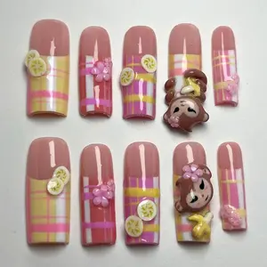S49 Katy Nails – Cute Banana Monkey Press-On Nails, Pink Plaid Design, 3D Cartoon Faces, Yellow Fruit Slices & Tiny Blossoms,  Gift for Her