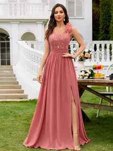 Miusol 24451A Women's Elegant Glitter Sequin Lace Chiffon Maxi Dress - Sleeveless, Deep V-Neck, Ruched, Thigh Split, Well-Fit Formal Lady Wear, Wedding Guest Dresses for Spring/Summer Events,summervibes