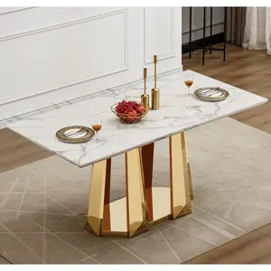 Marble Dining Table for 6 People, 70'' Rectangle Faux Marble Dining Table with Miored Finish Stainless Steel Base, Modern Large Size Marble Kitchen Table (Gold,White)(only table)