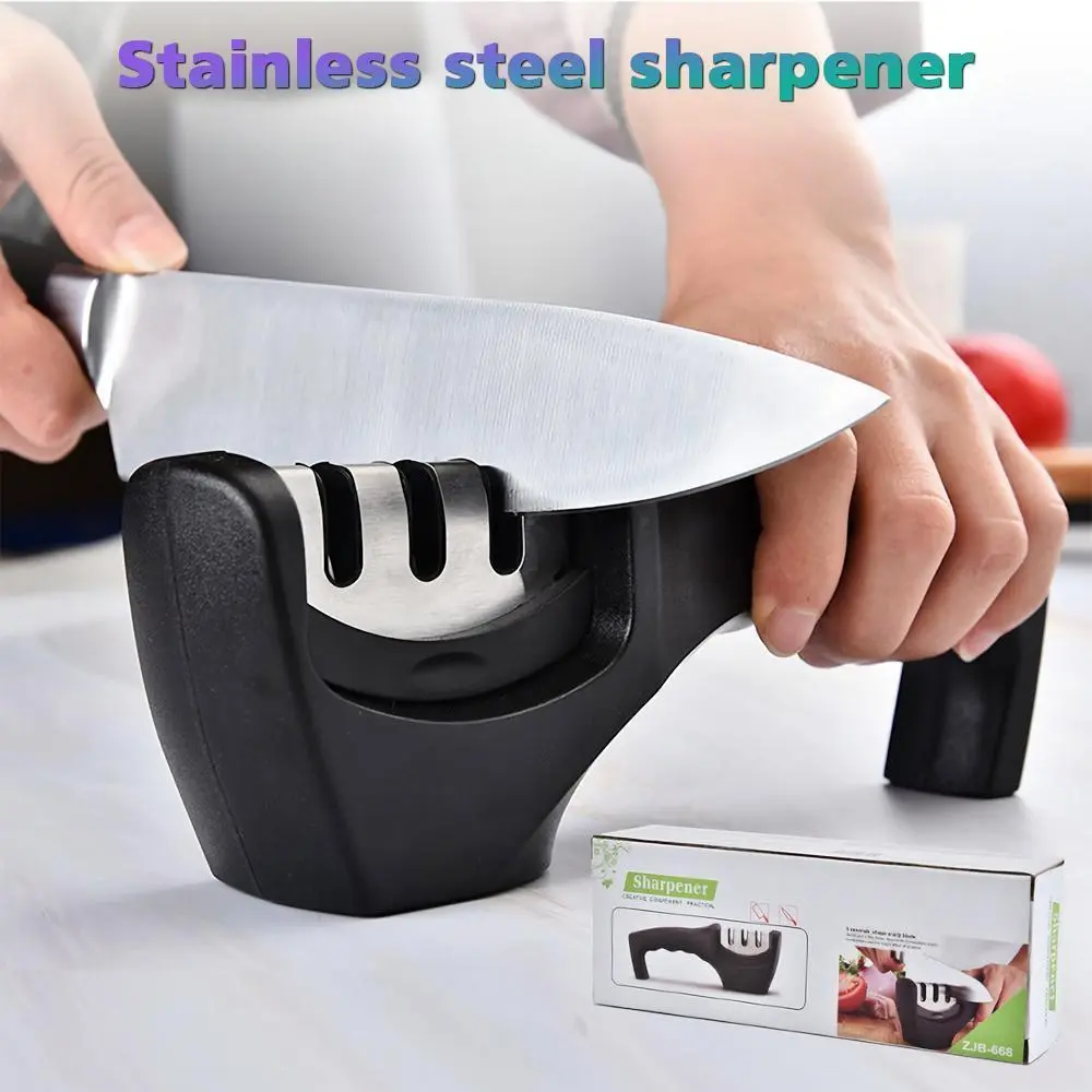 ToolUpgrade 3-Stage Handheld Kitchen Knife Sharpener, Stainless Steel+ABS Kitchenware Tool, 20cm x 7.5cm, Nonslip Steady Base, Ceramic Blade, Tungsten Carbide Cutting, Battery-Free for Quick Knife Sharpening