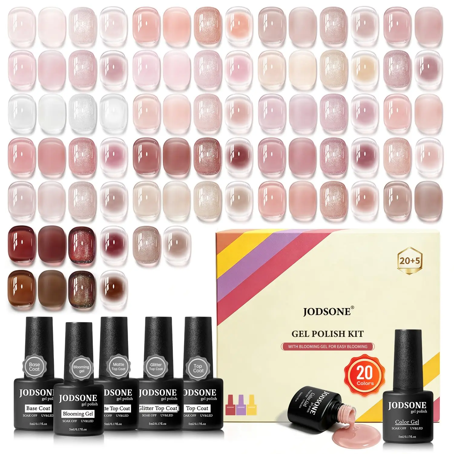 JODSONE 25 Pieces UV Jelly Gel Nail Polish Set, Nude Pink Transparent Neutral Tones, Base Matte Gloss Glitter Top & Blooming Gel for At-Home Nail DIY