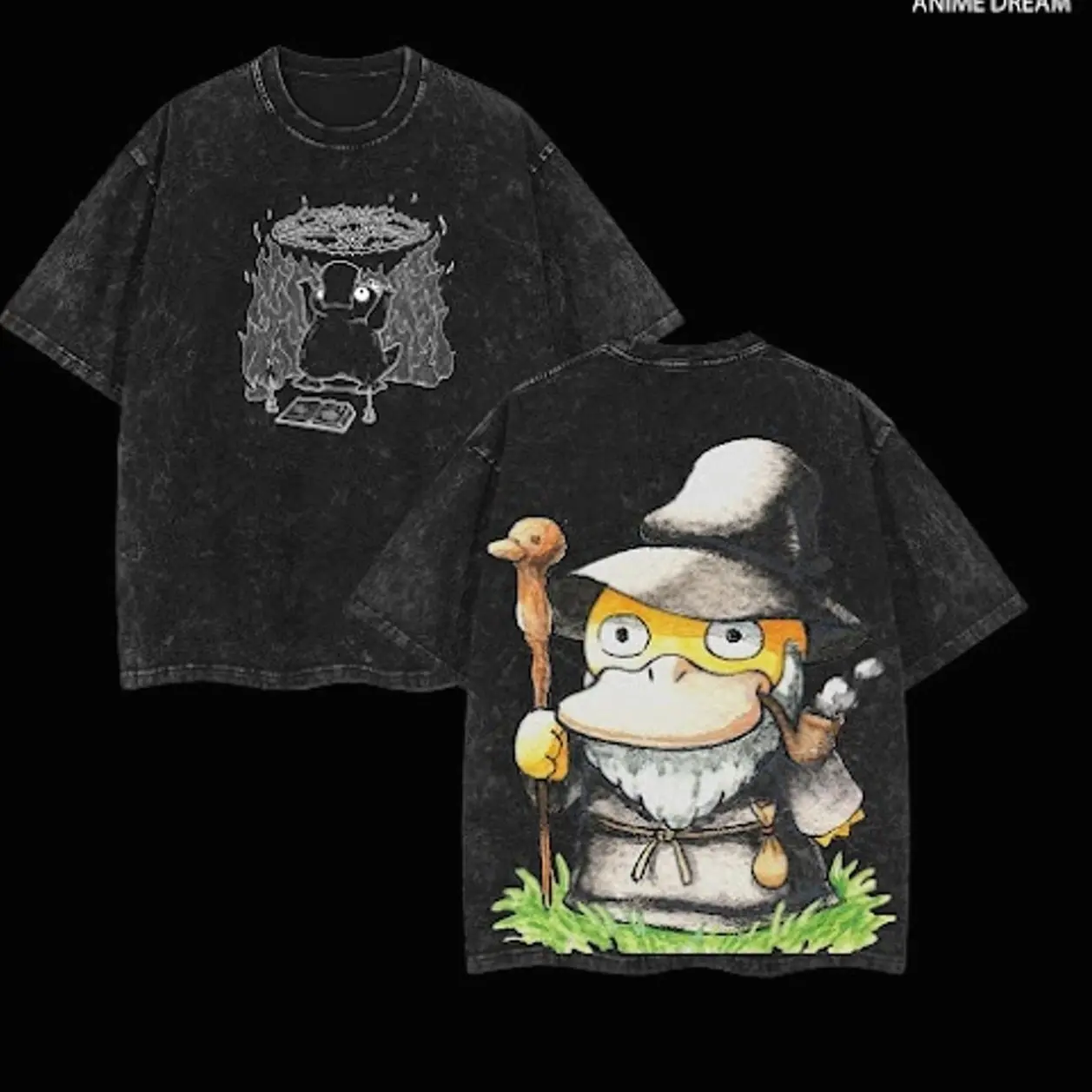 Psyduck PKM Anime Double Printed Vintage Washed Tee Unisex Oversize Anime Manga Washed Heavyweight Cotton T-shirt, Gift For Anime Fan, Anime Lover 5MV