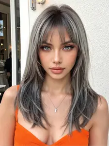 fashionable New Long Straight Dark Grey Wigs with Bangs and Highlights, Synthetic Women's Wigs for Ordinary Work, Life, Dance Parties And All Occasions