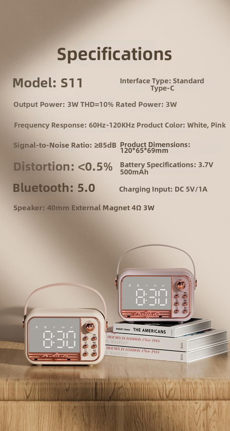 Retro-style wireless Bluetooth-compatible speaker, multi-functional portable mini speaker, time display with alarm setting, home, office, outdoor travel music player, Mother's Day gift