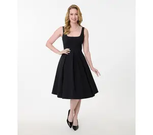 Unique Vintage Black Square Neck Pleated Swing Dress