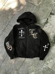 Gothic Cross & Letter Print Zipper Sweatshirts, Colorblock, Casual Aesthetic Fitted Long Sleeve, Fall Winter Wear, Comfortable Daily, Hoodie