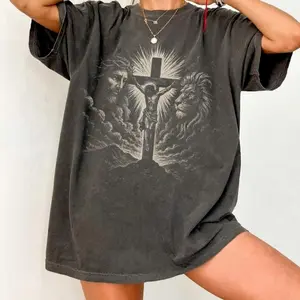 Jesus Cross Vintage 90s Style Tshirt, Retro Jesus Lion Washed Shirt, Lord Oversized Pump Cover, Jesus Vintage Gracphic Tee BF6
