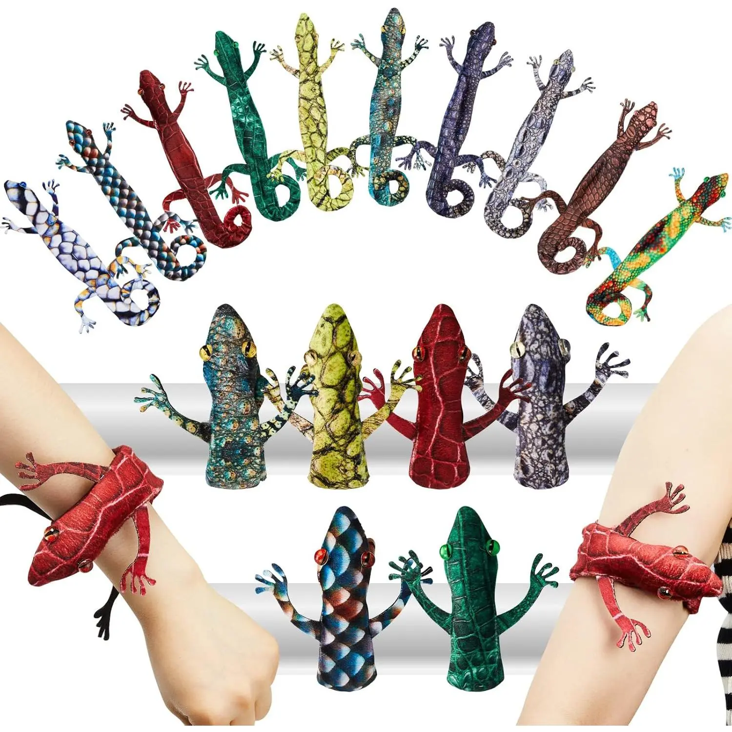 SQ-HBL026 10 Pieces Assorted Slap Lizard Snap Bracelet Sequin Animal Slap Bracelets for Easter Halloween Party Favors(Lizard Style)