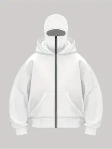 1pc TNZI men's full zipper windproof mask hoodie long-sleeved jacket Menswear versatile, Casual and fashionable urban style, with zippers and pockets - warm, windproof and durable, suitable for daily or outdoor autumn/winter wear