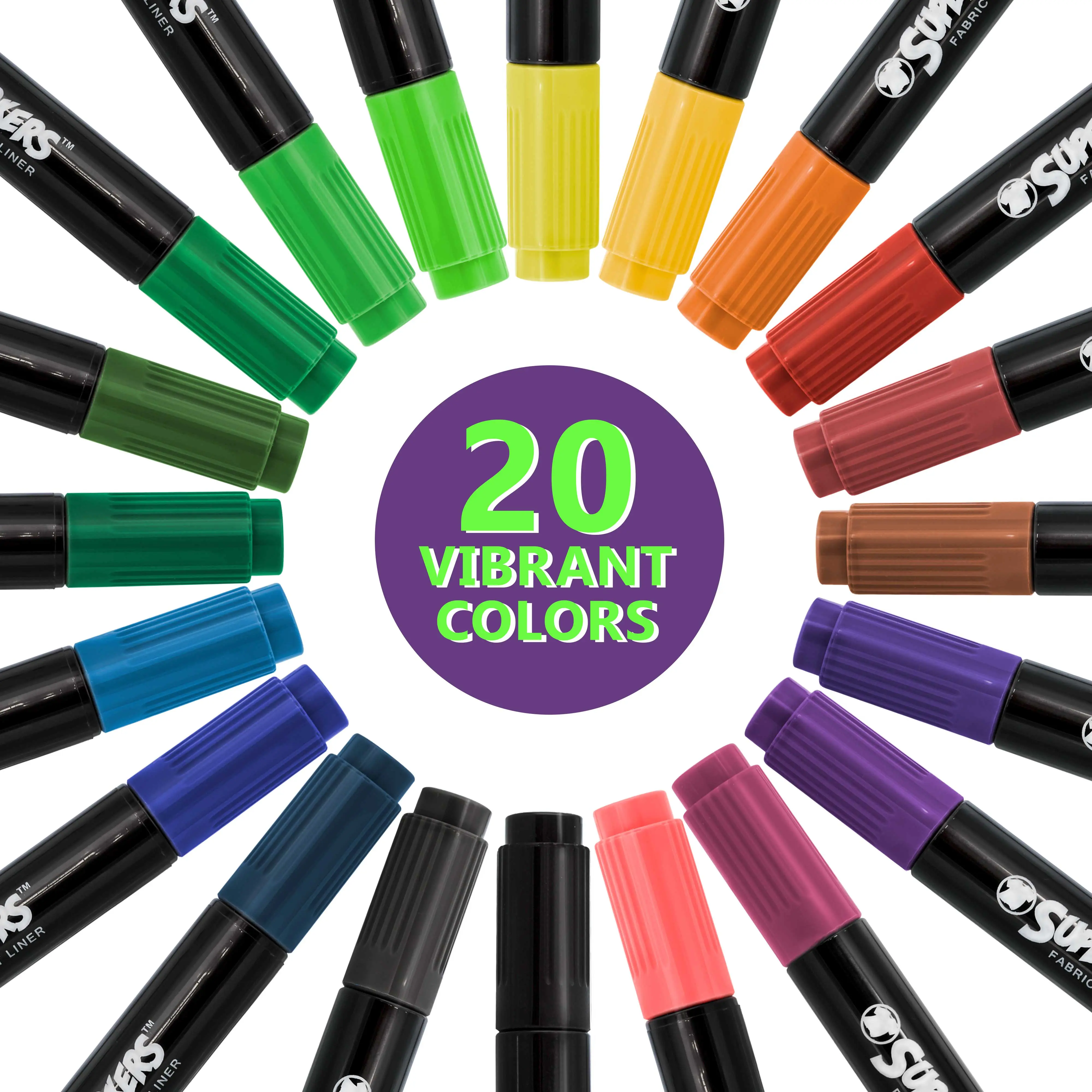 Super Markers 20 Vibrant Dual Tip Fabric Markers - Fine & Chisel Point Pens Fabric Marker Permanent for Clothes, T-Shirts - Permanent Ink Eye-Catching Vibrant & Bold Colors