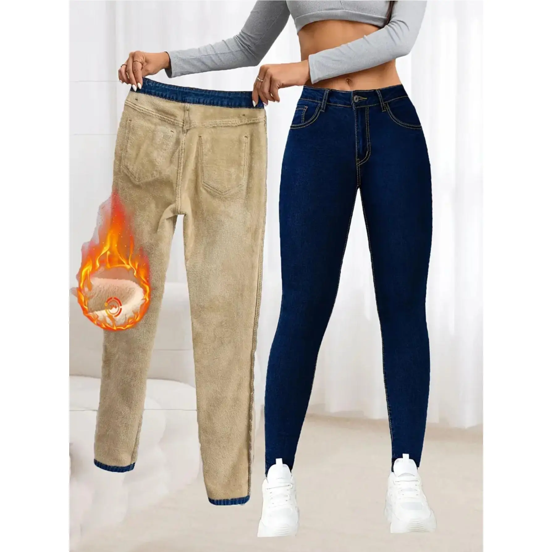 Women's High-Waisted Fitted Skinny Wool-Lined Denim Pants - Cotton-Elastane Blend, Basic Look Preppy Wear for Women's Bottoms, Lady, All Seasons, High Waist, Viscose, Casual, Fitted Jeans, Machine Wash, Do Not Dry Clean, Plain