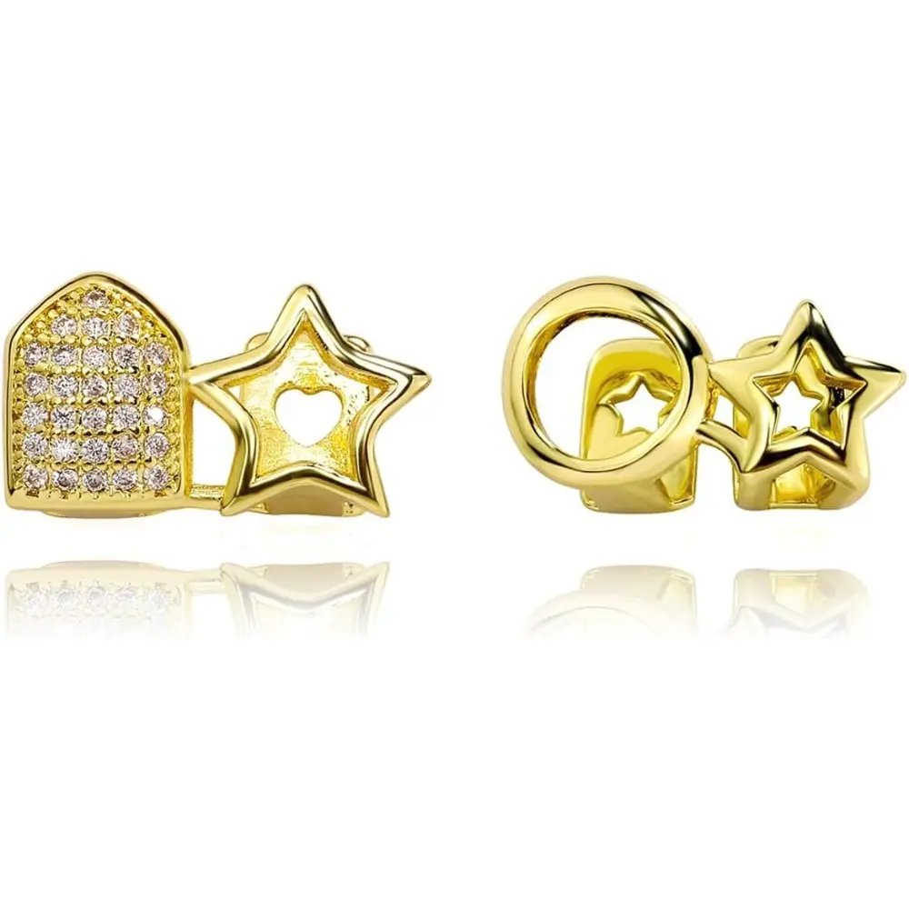 2pcs Star Grillz for Women – Hollow Gold Tooth Caps｜Silver Grills for Your Teeth｜14K Gold plated Jewelry for Cosplay Fashion Extra Molding Bar
