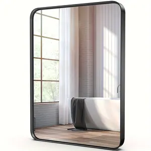New Black Metal Framed Vanity Mirror For Wall 40x30 Inches Rounded Rectangle Bathroom Mirrors Modern Decorative For Hotel Restroom Tempered Glass Horizontally Or Vertically Hanging