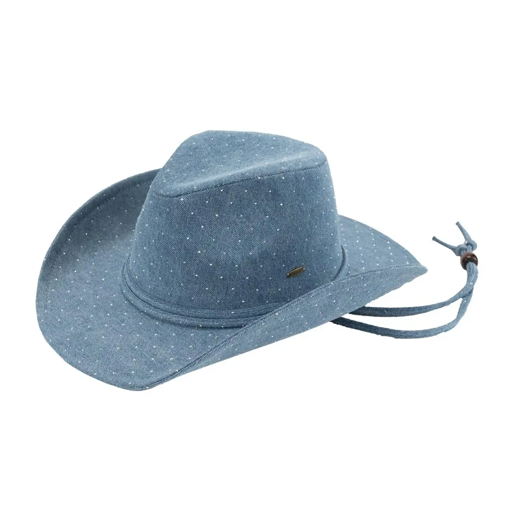 C.C Rhinestone Denim Cowboy Hat for Women With Chinstraps - Stylish One Size Fashion Accessory