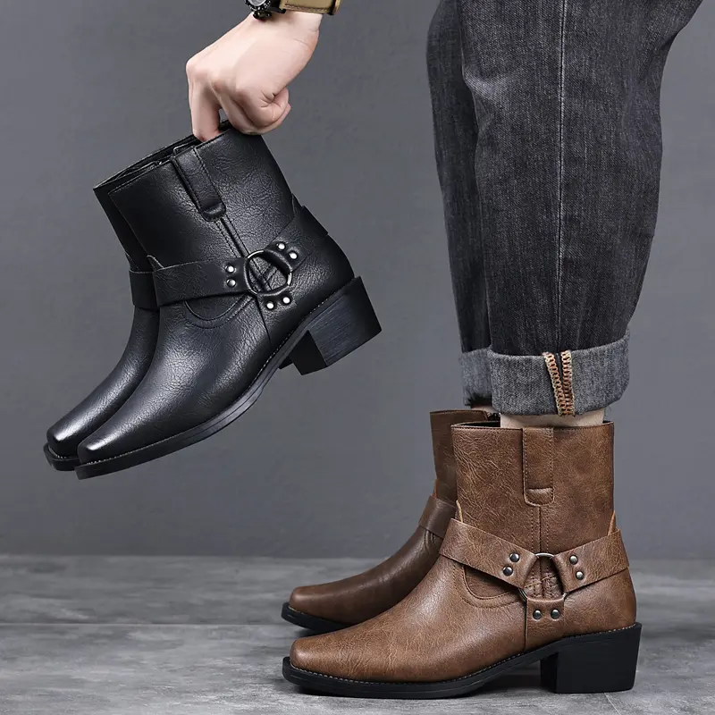 Men’s Vintage Retro Chic PU Leather Biker Ankle Footwear, Side Zipper + Lace, Buckle Strap, Chunky Heel - Edgy Street Style Casual Everyday Shoes, Walking Shoes