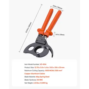 VEVOR Ratcheting Cable Cutter, Spring Steel Blades with PVC-Coated Handles, Quick-Release Button, Heavy Duty Ratchet Cable Wire Cutter for Cutting Copper Aluminum Cables Up to 1000 MCM/ 500 mm
