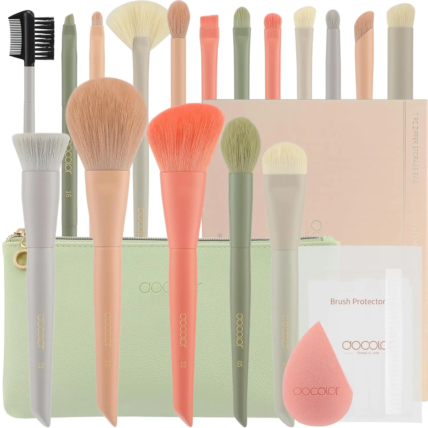 Docolor Makeup Brushes 17 Pcs with Makeup Bag and Makeup Sponge and Brush Protector Morandi Makeup Brush Set Premium Synthetic Hair Makeup Brush Wooden Handle Eyeshadow Brush Set Docolor