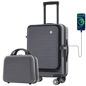 Luggage with Charger Carry-on Luggage 20 Inch Front Open Lightweight Suitcase with Front Pocket & USB Port Portable Carrying Case