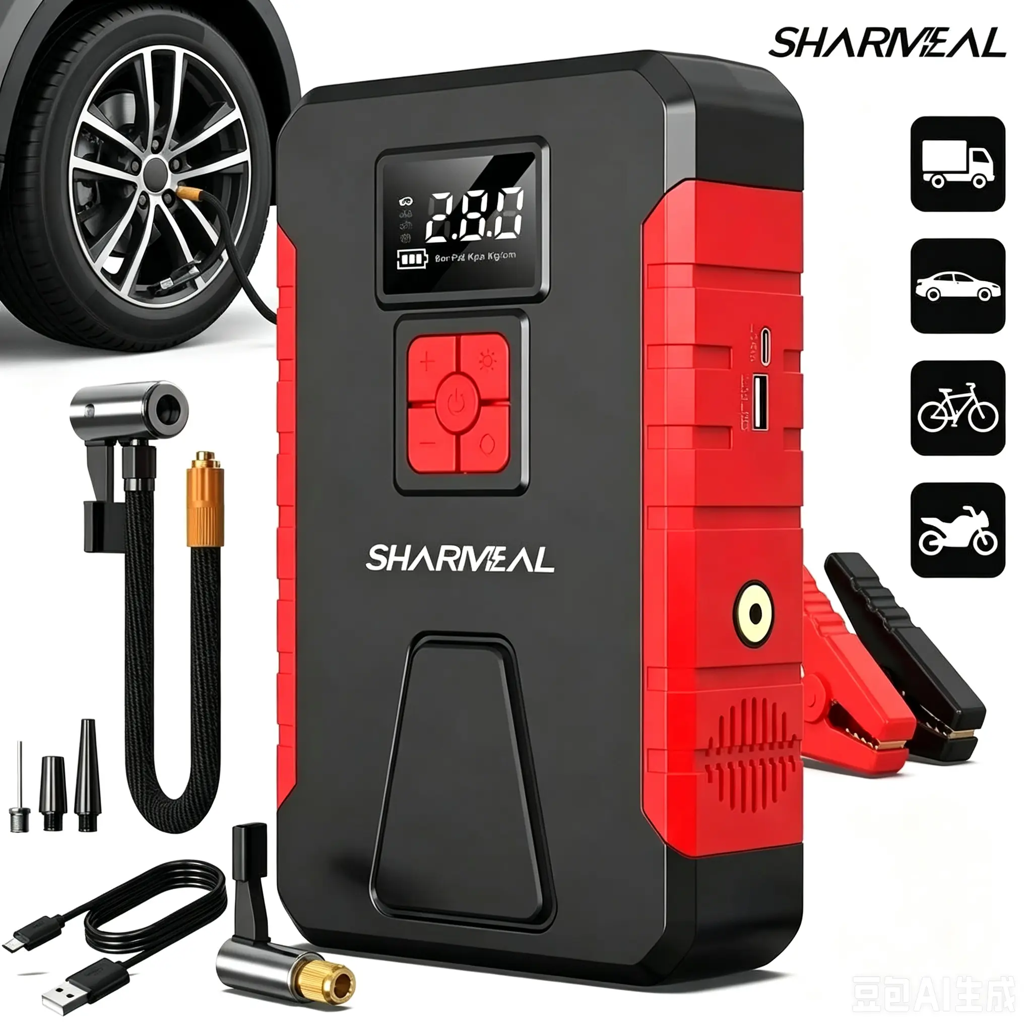 SHARMEAL 8000A 5-in-1 Car Jump Starter with 160PSI Tire Inflator Air Compressor, Portable 12V Car Battery Jump Starter Booster, USB Power Bank, LED Emergency Light for Gasoline & Diesel Vehicles Car Accessories