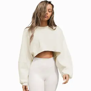 Lamuifitness  Women Long Ballon Sleeve Cropped Sweat Casual Workout Shirts Drop Shoulder Oversized Crewneck Tees Pullover Tops