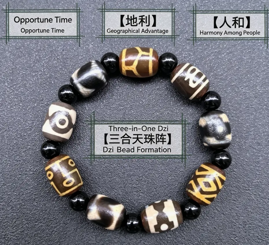 Black and White Tiger Tooth Dzi Bead Multi-Gemstone Bracelet