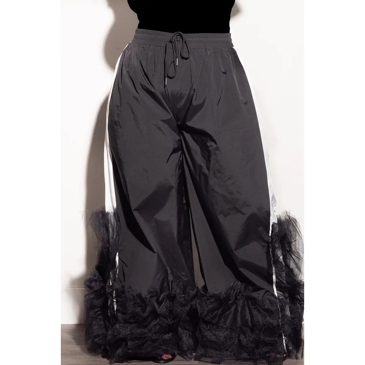 Final Sale Plus Size Oversized Windbreaker Wide Leg Pants with Tulle Bottom in Black and White