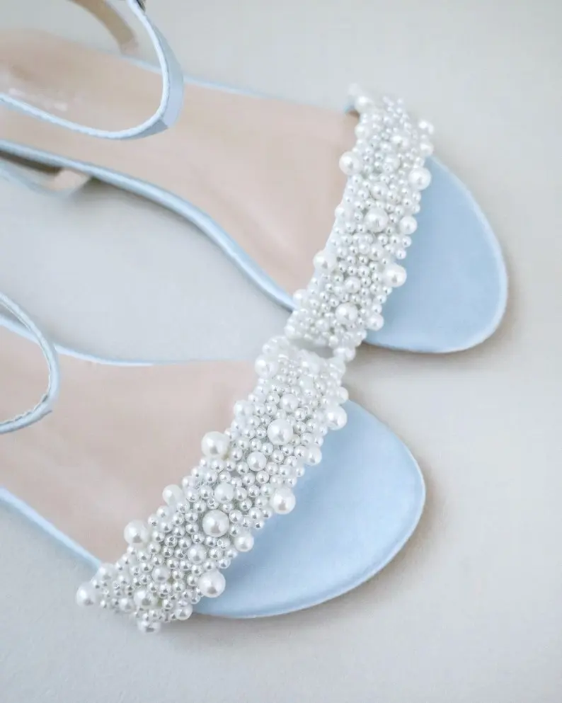 Light Blue Satin Flat Sandal with Perla Applique, Bridesmaid Shoes, Women Sandals