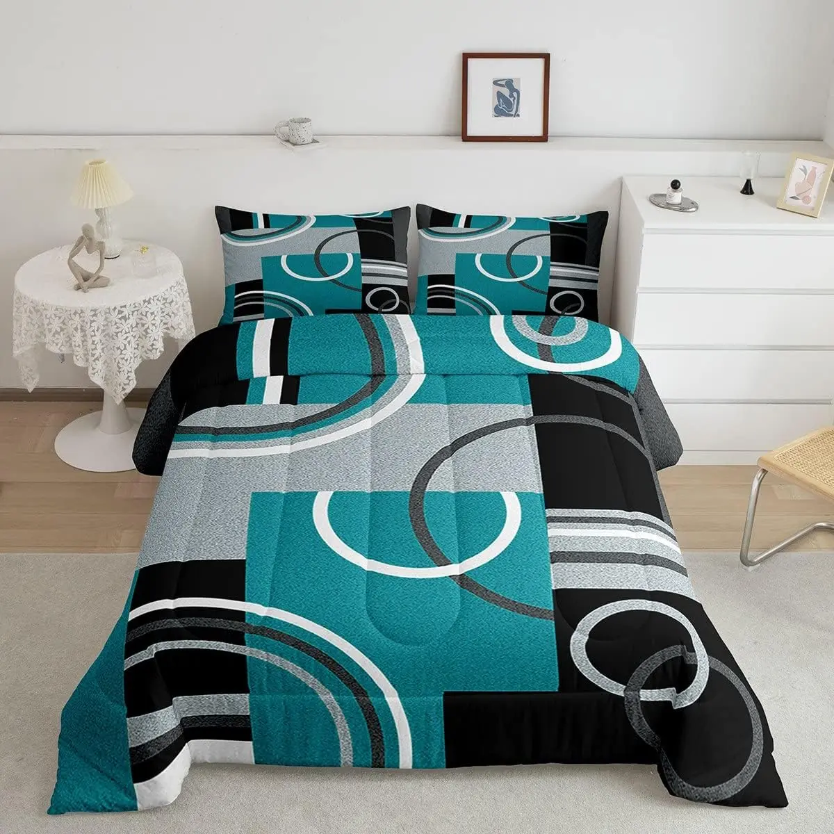 Feelyou Modern Turquoise Microfiber Decorative Bedding Set - Quilted Geometric Comforter with Black-Grey Graphic Texture, Stripe Grid Duvet Set, Travel-Friendly, Multi-Size Options, Microfiber Bedding Set
