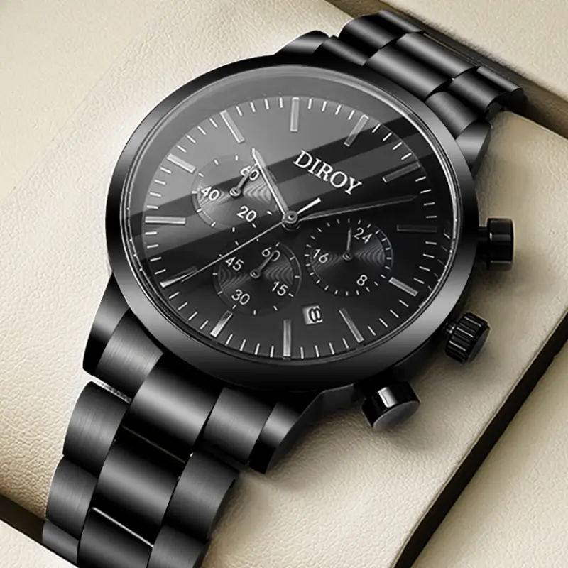 DIROY Black Warrior Men's Watch Chronograph Business Dress Quartz Stainless Steel Water Resistant Date Wristwatch