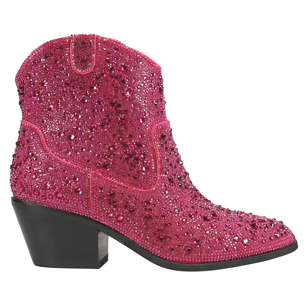 Corkys Womens Shine Bright Rhinestone Pull On Round Toe Zippered Casual Boots Ankle Low Heel 1-2" - Pink