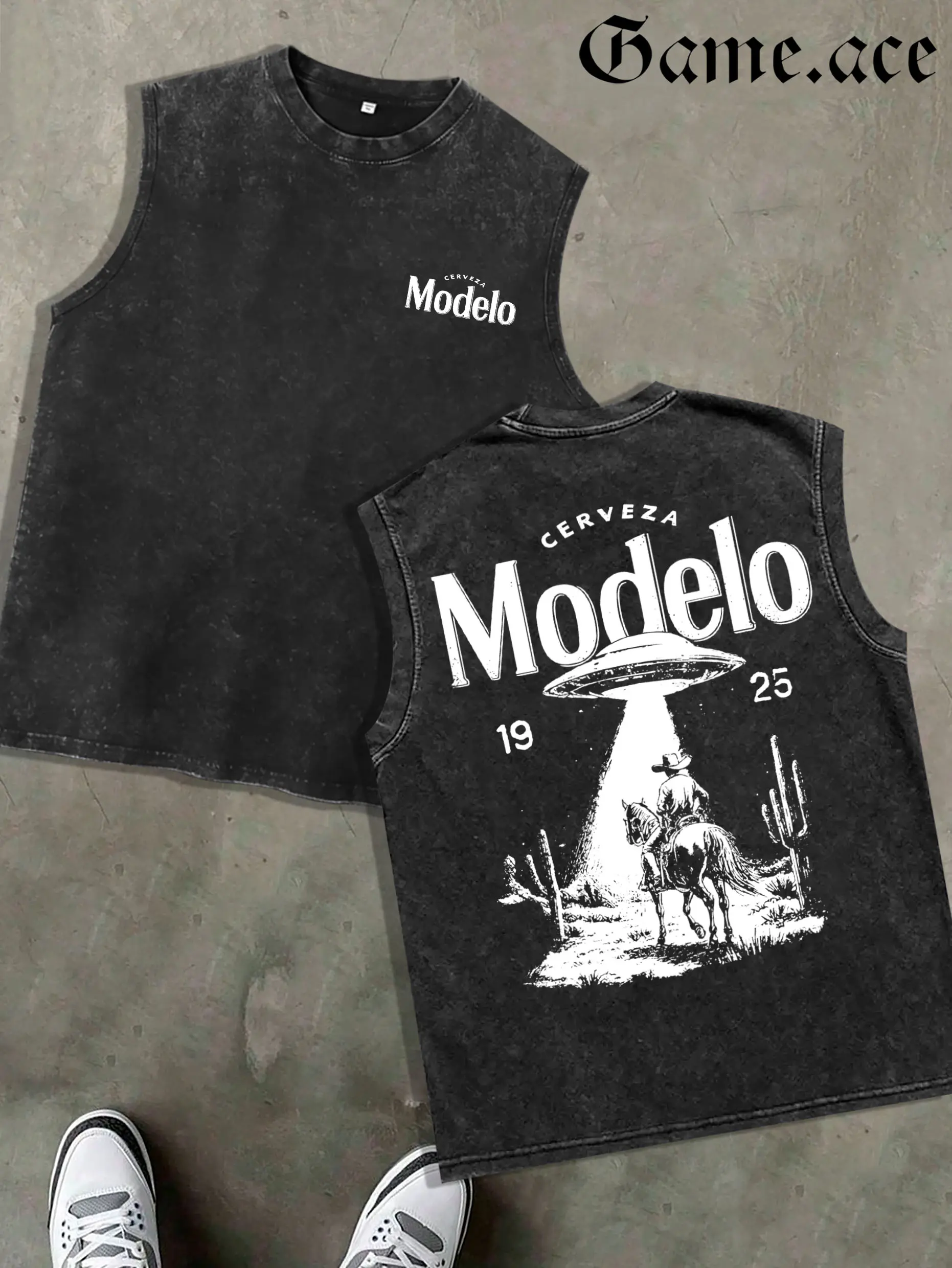 1 PCS GAME.ACE Retro Washed Black Sleeveless Tank Top, Front & Back "Cerveza" Cowboy & UFO Graphic, Western Sci-Fi Streetwear Style, 100% Cotton Unisex Oversized Vest, Casual & Concert Wear, Great Gift for Beer & Sci-Fi Fans